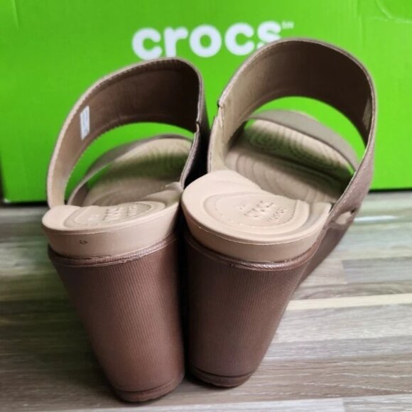 Crocs Leigh 2 Strap Wedge Sandals 11w Bronze Dual Comfort Women's Fashion Shoes - Picture 7 of 16